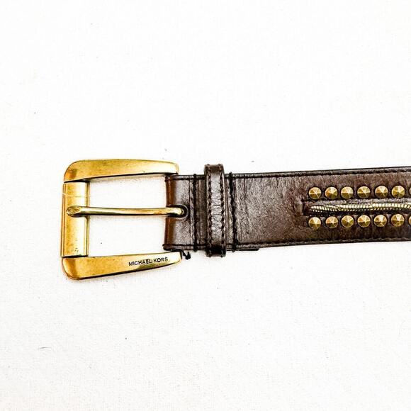 MIchael Kors Studded Brown Leather Belt Brass Accents Size Small - Picture 2 of 7